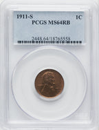 1911-S 1C RB Lincoln Cent PCGS MS64