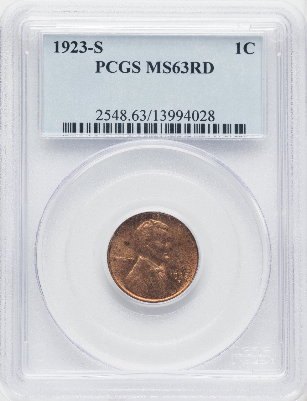1923-S 1C RD Lincoln Cent PCGS MS63
