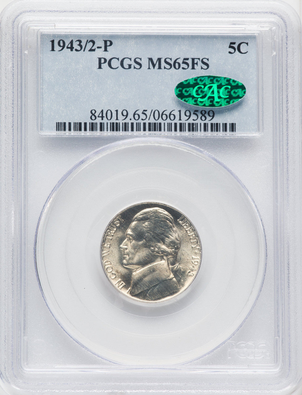 1943/2-P 5C FS CAC Jefferson Nickel PCGS MS65