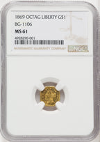 1869 Liberty Octagonal 1 Dollar BG-1106 High R.4 California Fractional Gold NGC MS61