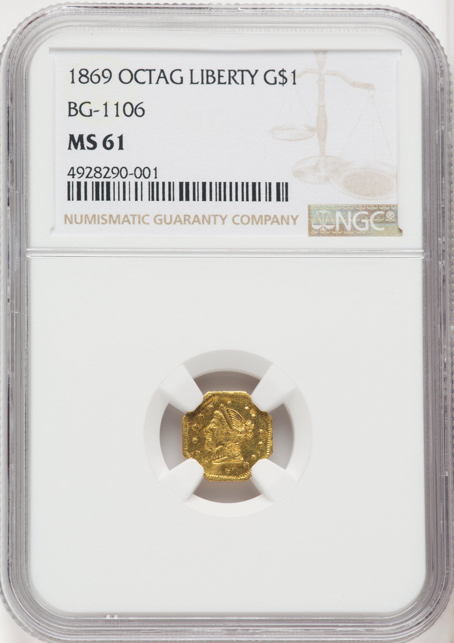 1869 Liberty Octagonal 1 Dollar BG-1106 High R.4 California Fractional Gold NGC MS61