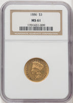 1886 $3 Three Dollar Gold Pieces NGC MS61