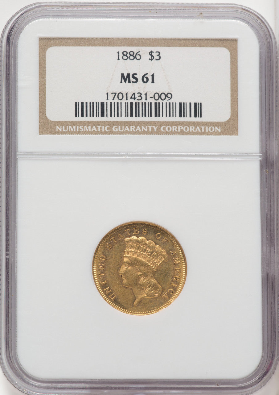 1886 $3 Three Dollar Gold Pieces NGC MS61