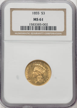 1855 $3 Three Dollar Gold Pieces NGC MS61
