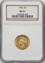 1855 $3 Three Dollar Gold Pieces NGC MS61