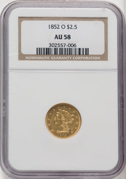 1852-O $2.50 Brown Label Liberty Quarter Eagle NGC AU58