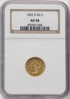 1852-O $2.50 Brown Label Liberty Quarter Eagle NGC AU58