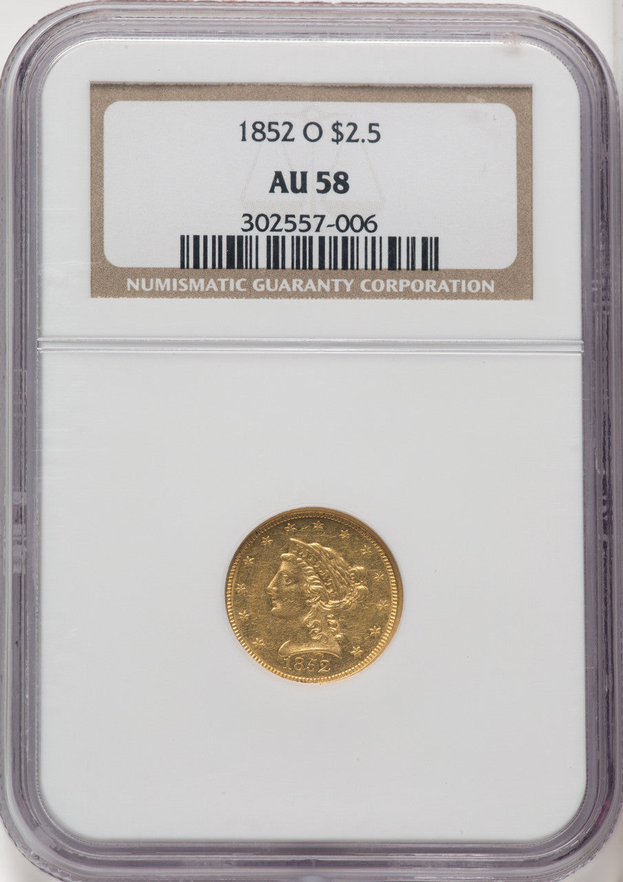 1852-O $2.50 Brown Label Liberty Quarter Eagle NGC AU58