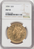 1858 $20 Liberty Double Eagle NGC AU53