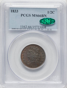 1833 1/2 C BN CAC Half Cent PCGS MS66