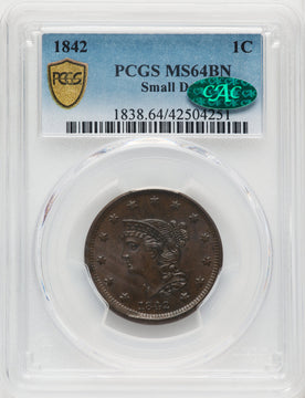 1842 1C Small Date BN CAC Large Cent PCGS MS64