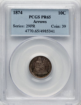 1874 10C ARROWS Proof Seated Dime PCGS PR65