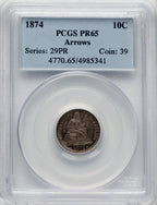 1874 10C ARROWS Proof Seated Dime PCGS PR65