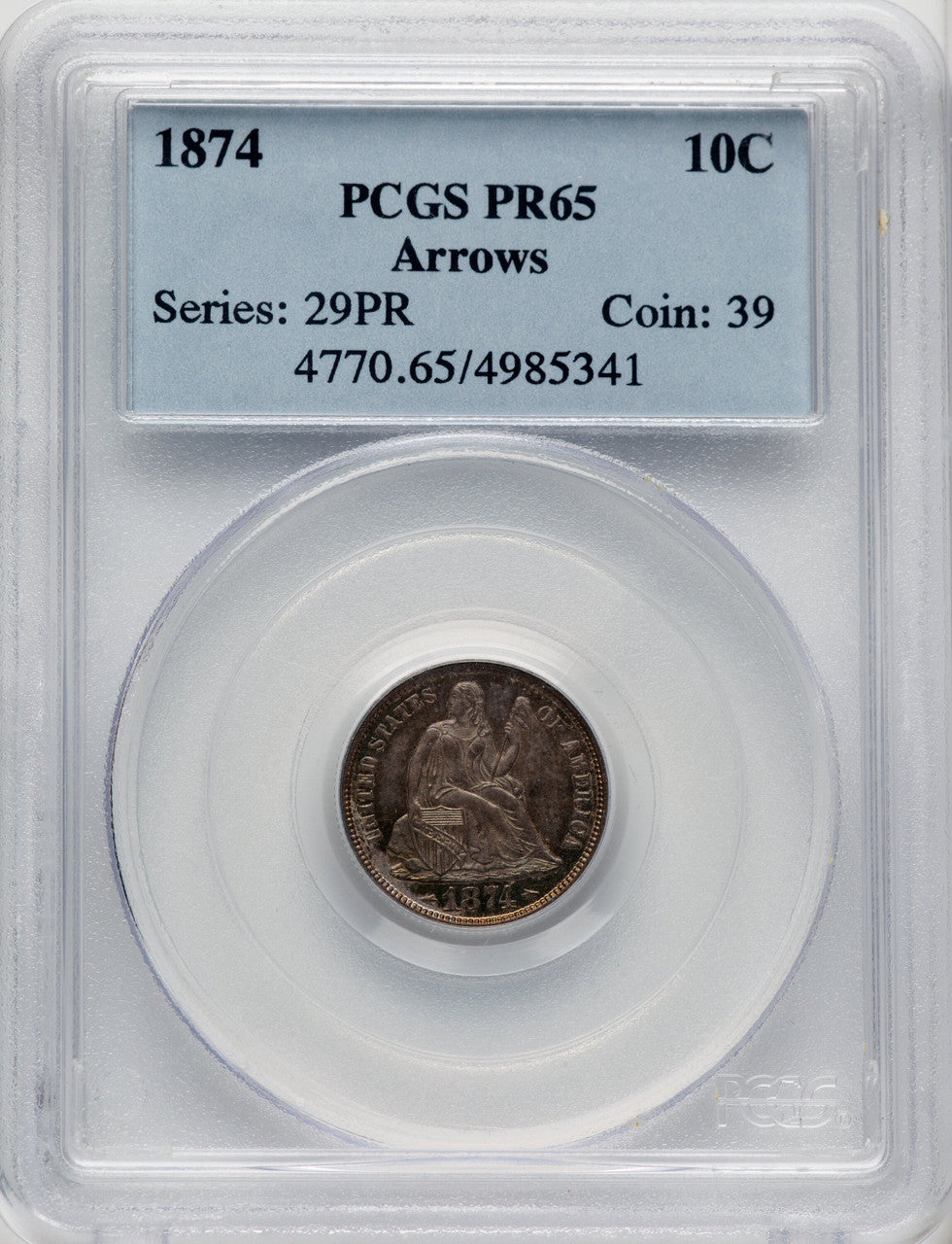 1874 10C ARROWS Proof Seated Dime PCGS PR65