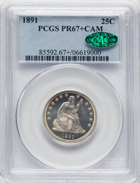 1891 25C CA CAC Proof Seated Quarter PCGS PR67+