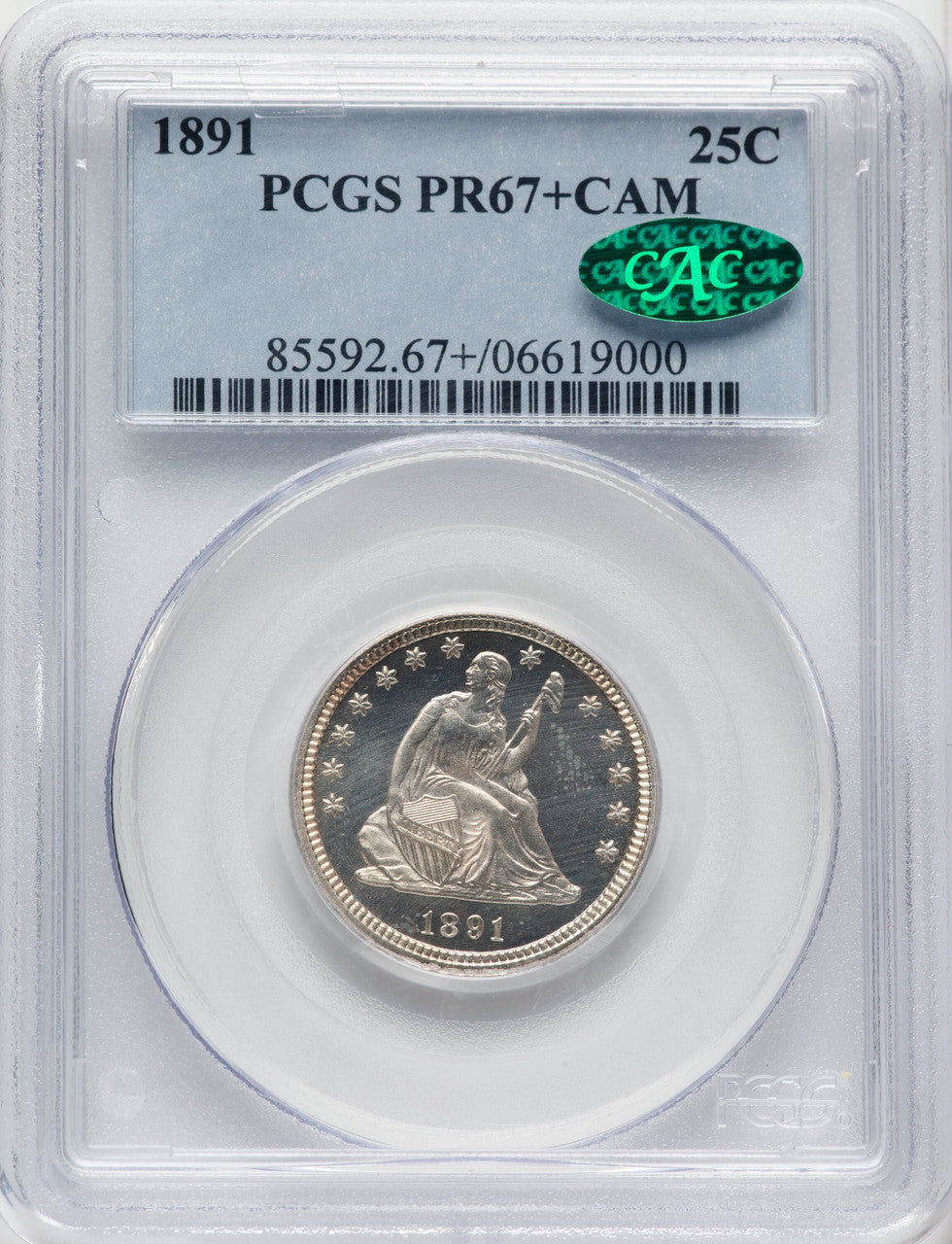 1891 25C CA CAC Proof Seated Quarter PCGS PR67+