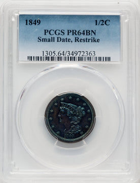 1849 1/2 C Small Date First Restrike B-2 BN Proof Half Cent PCGS PR64