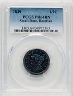 1849 1/2 C Small Date First Restrike B-2 BN Proof Half Cent PCGS PR64
