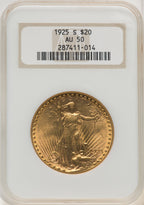 1925-S $20 Saint-Gaudens Double Eagle NGC AU50