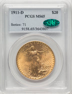1911-D $20 CAC Saint-Gaudens Double Eagle PCGS MS65