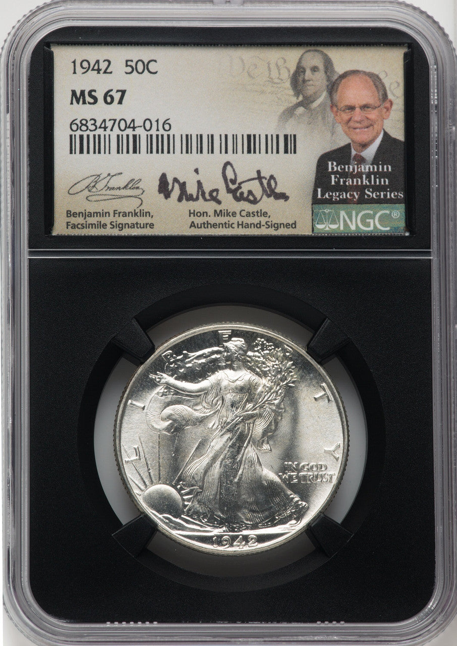 1942 50C Mike Castle Blk Core Franklin Series Walking Liberty Half Dollar NGC MS67