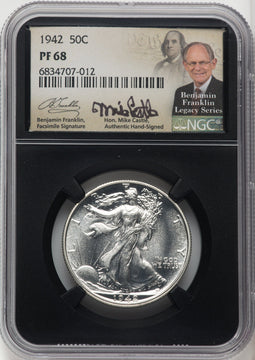 1942 50C Mike Castle Blk Core Franklin Series Proof Walking Liberty Half Dollar NGC PR68