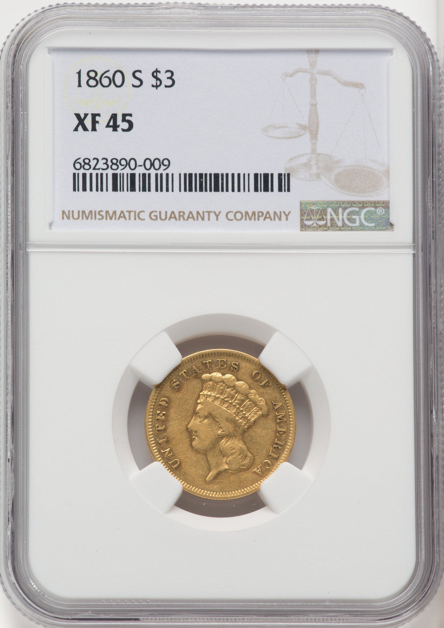 1860-S $3 Three Dollar Gold Pieces NGC XF45