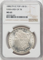 1880-CC80/79 Reverse of 1878 VAM-4 Morgan Dollar NGC MS65