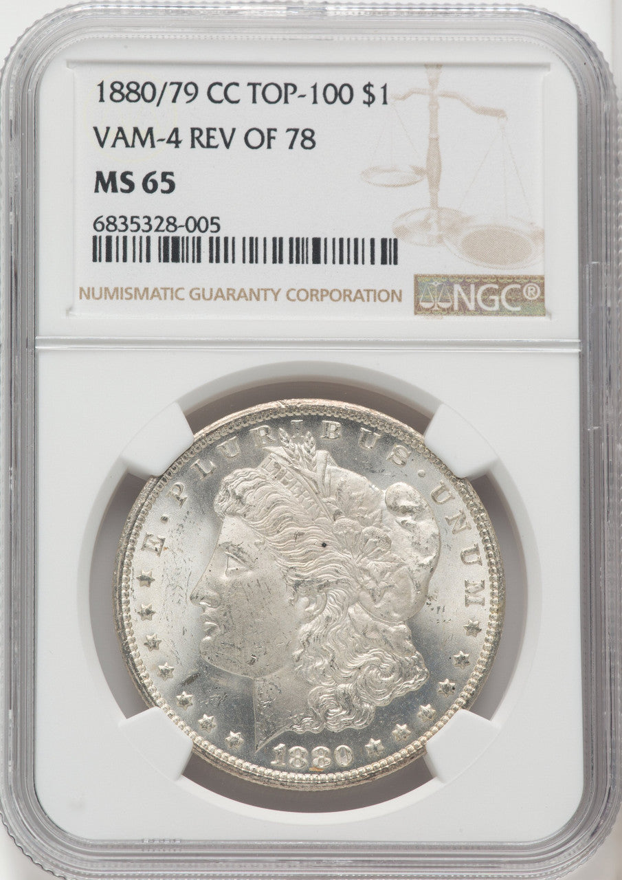 1880-CC80/79 Reverse of 1878 VAM-4 Morgan Dollar NGC MS65