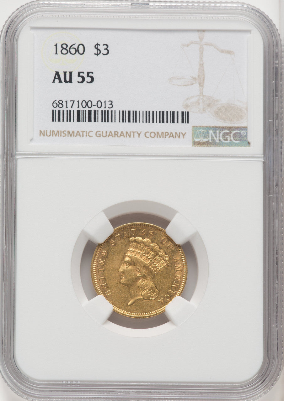 1860 $3 Three Dollar Gold Pieces NGC AU55
