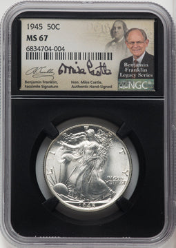 1945 50C Mike Castle Blk Core Franklin Series Walking Liberty Half Dollar NGC MS67