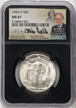 1943-D 50C Mike Castle Blk Core Franklin Series Walking Liberty Half Dollar NGC MS67