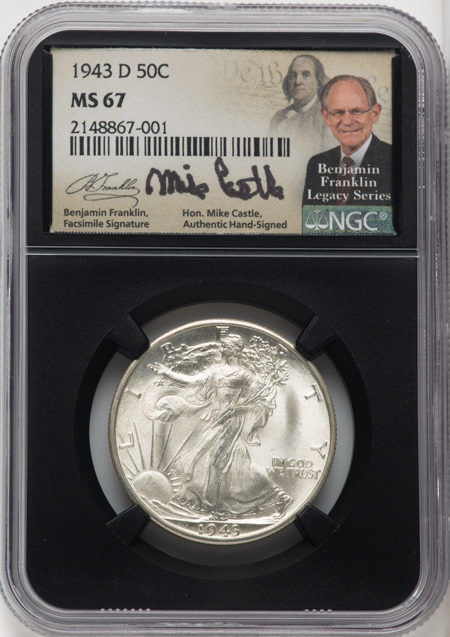 1943-D 50C Mike Castle Blk Core Franklin Series Walking Liberty Half Dollar NGC MS67