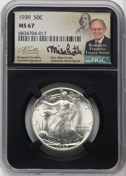 1939 50C Mike Castle Blk Core Franklin Series Walking Liberty Half Dollar NGC MS67