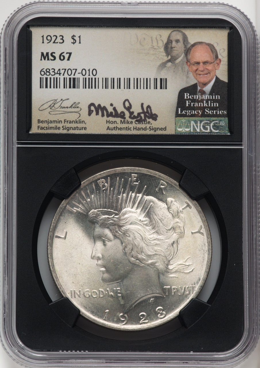 1923 $1 Mike Castle Blk Core Franklin Series Peace Dollar NGC MS67 (765292002)