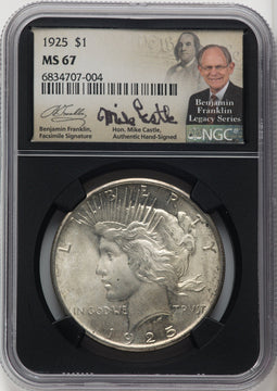 1925 $1 Mike Castle Blk Core Franklin Series Peace Dollar NGC MS67 (765292009)