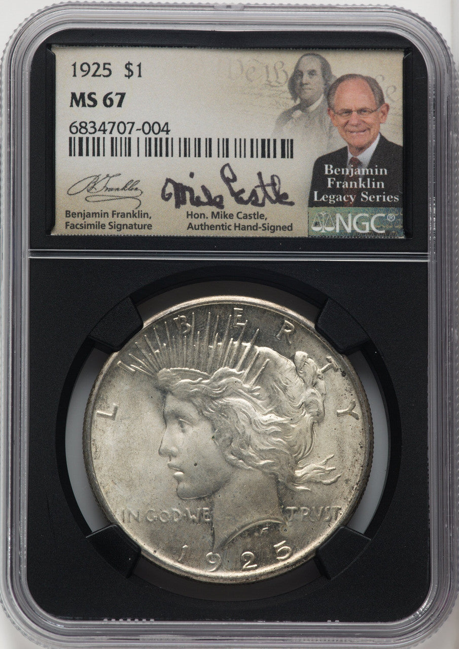 1925 $1 Mike Castle Blk Core Franklin Series Peace Dollar NGC MS67 (765292009)