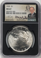 1925 $1 Mike Castle Blk Core Franklin Series Peace Dollar NGC MS67 (765292008)