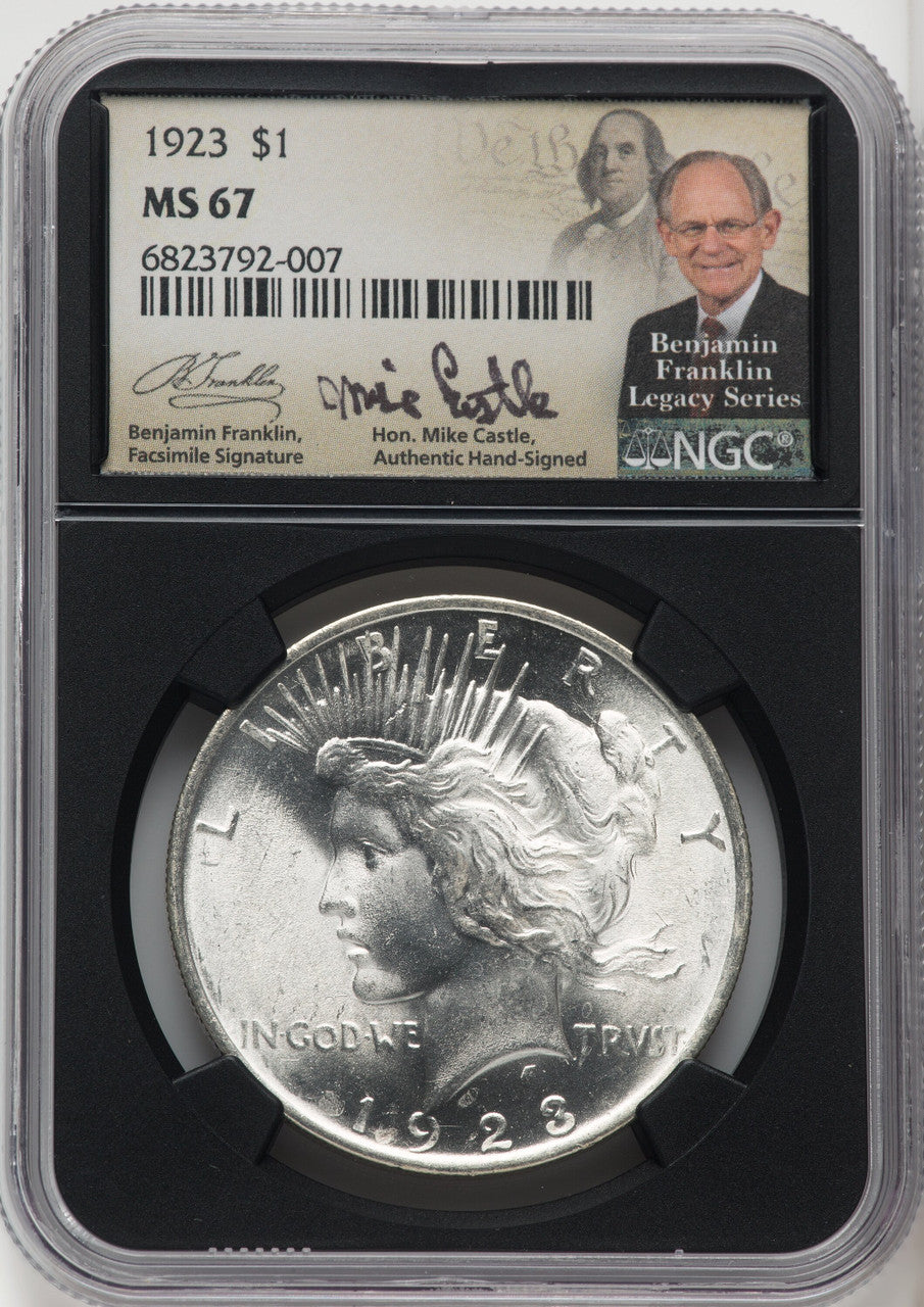 1923 $1 Mike Castle Blk Core Franklin Series Peace Dollar NGC MS67 (764033024)