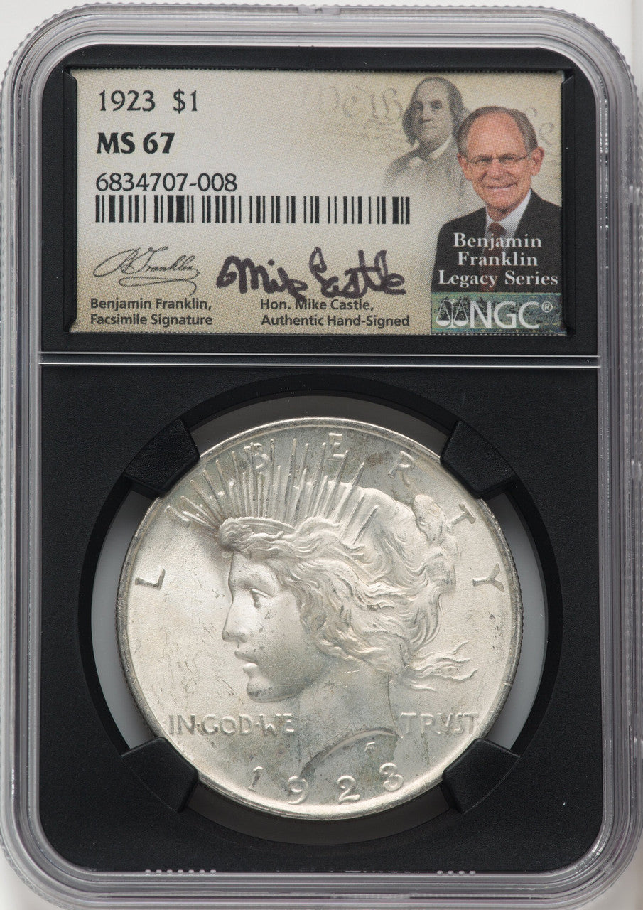 1923 $1 Mike Castle Blk Core Franklin Series Peace Dollar NGC MS67 (765292004)