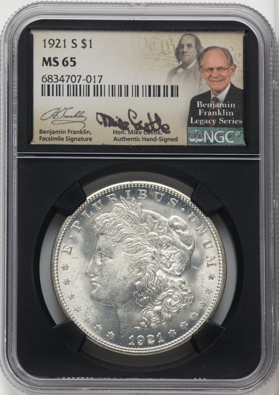1921-S $1 Mike Castle Blk Core Franklin Series Morgan Dollar NGC MS65