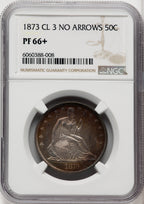 1873 50C NO ARROWS Proof Seated Half Dollar NGC PR66+