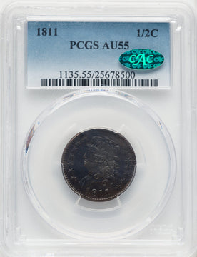 1811 1/2 C BN CAC Half Cent PCGS AU55