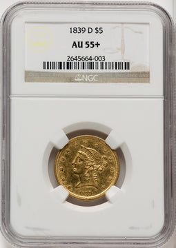 1839-D $5 Liberty Half Eagle NGC AU55+