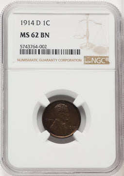 1914-D 1C BN Lincoln Cent NGC MS62