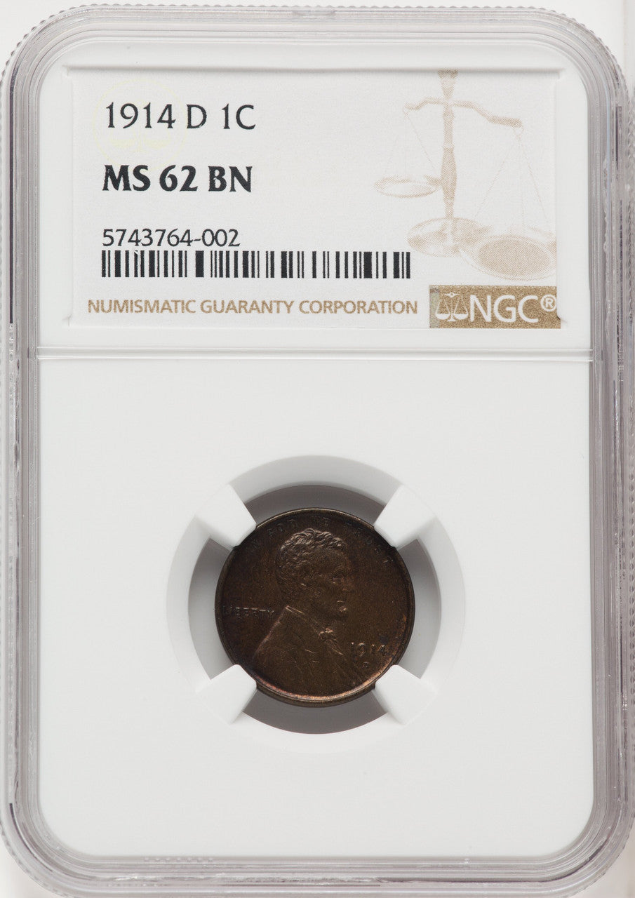 1914-D 1C BN Lincoln Cent NGC MS62