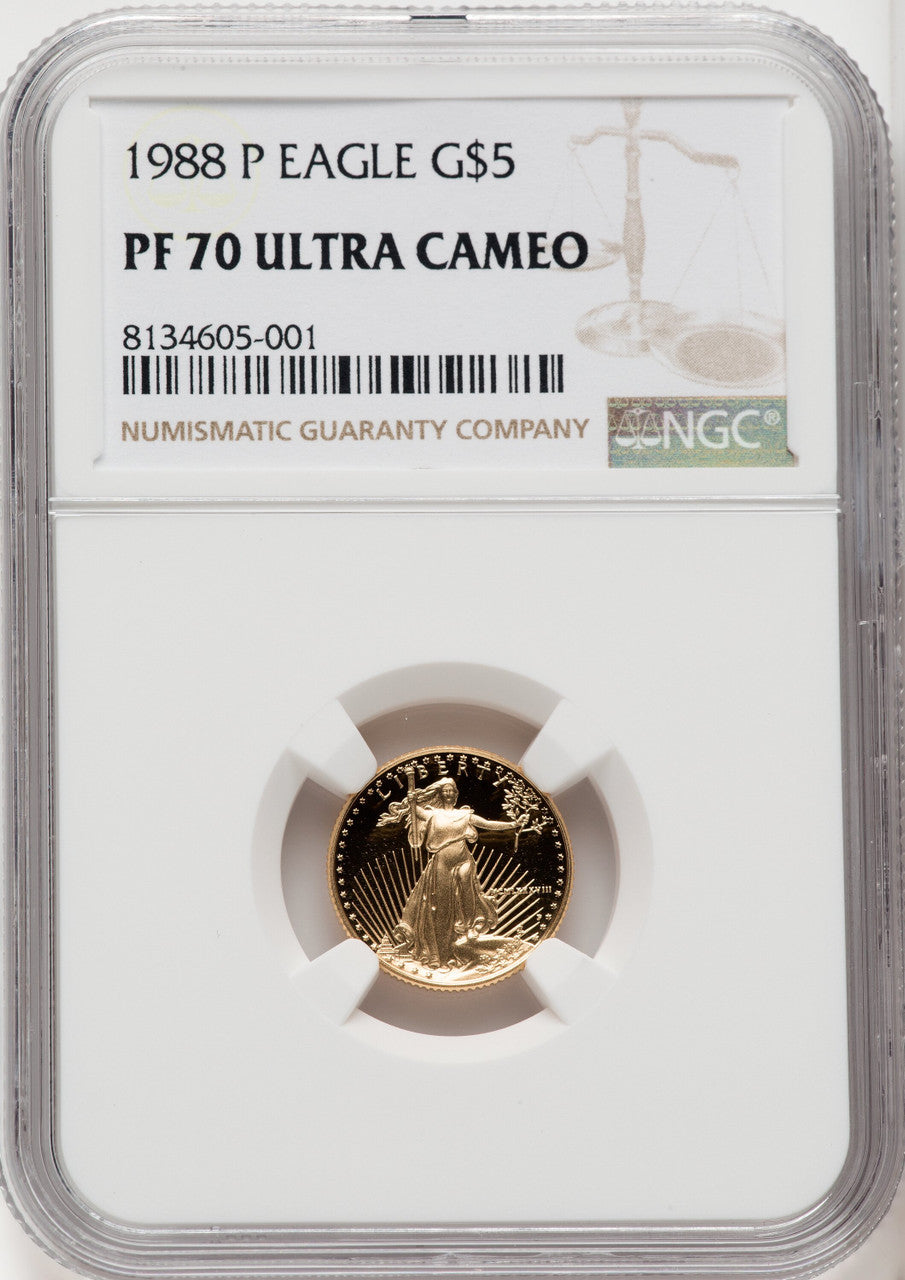 1988-P $5 Tenth-Ounce Gold Eagle Brown Label NGC PF70
