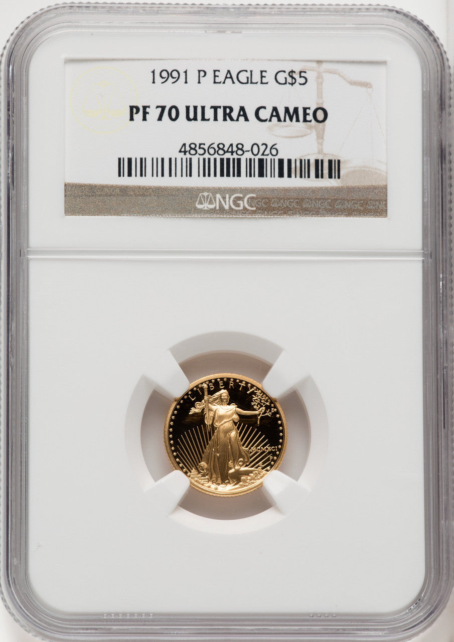 1991-P $5 Tenth-Ounce Gold Eagle Brown Label NGC PF70