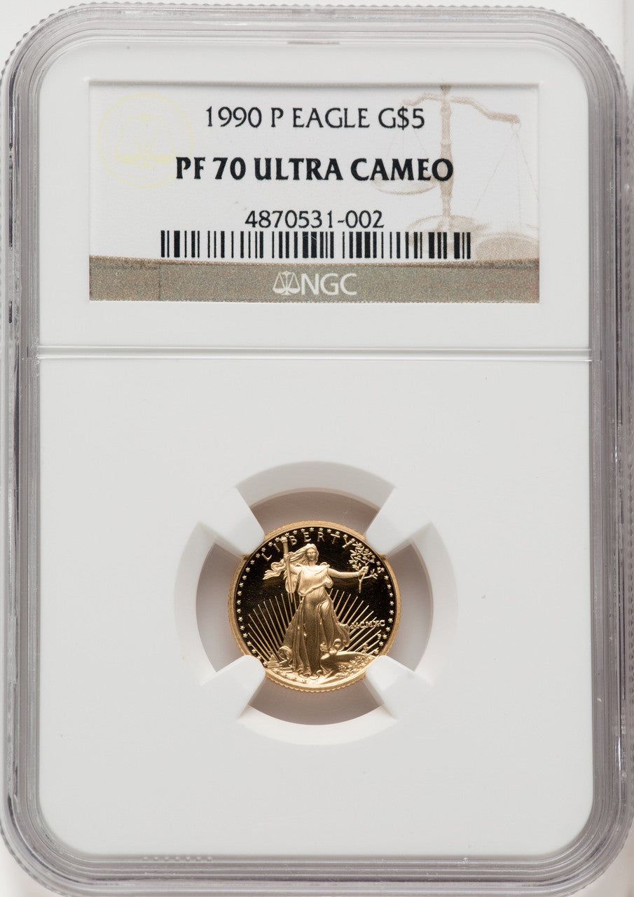 1990-P $5 Tenth-Ounce Gold Eagle Brown Label NGC PF70