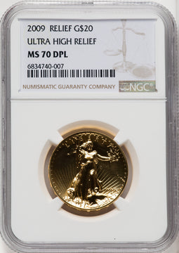 2009 $20 One-Ounce Gold Ultra High Relief Twenty Dollar Deep Mirror Prooflike Brown Label NGC MS70